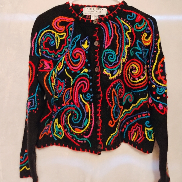 Kitty Hawk Sweaters - Vtg Kitty Hawk Vivian Wang Small Multicolor Cardigan Sweater Art Bold Angora L